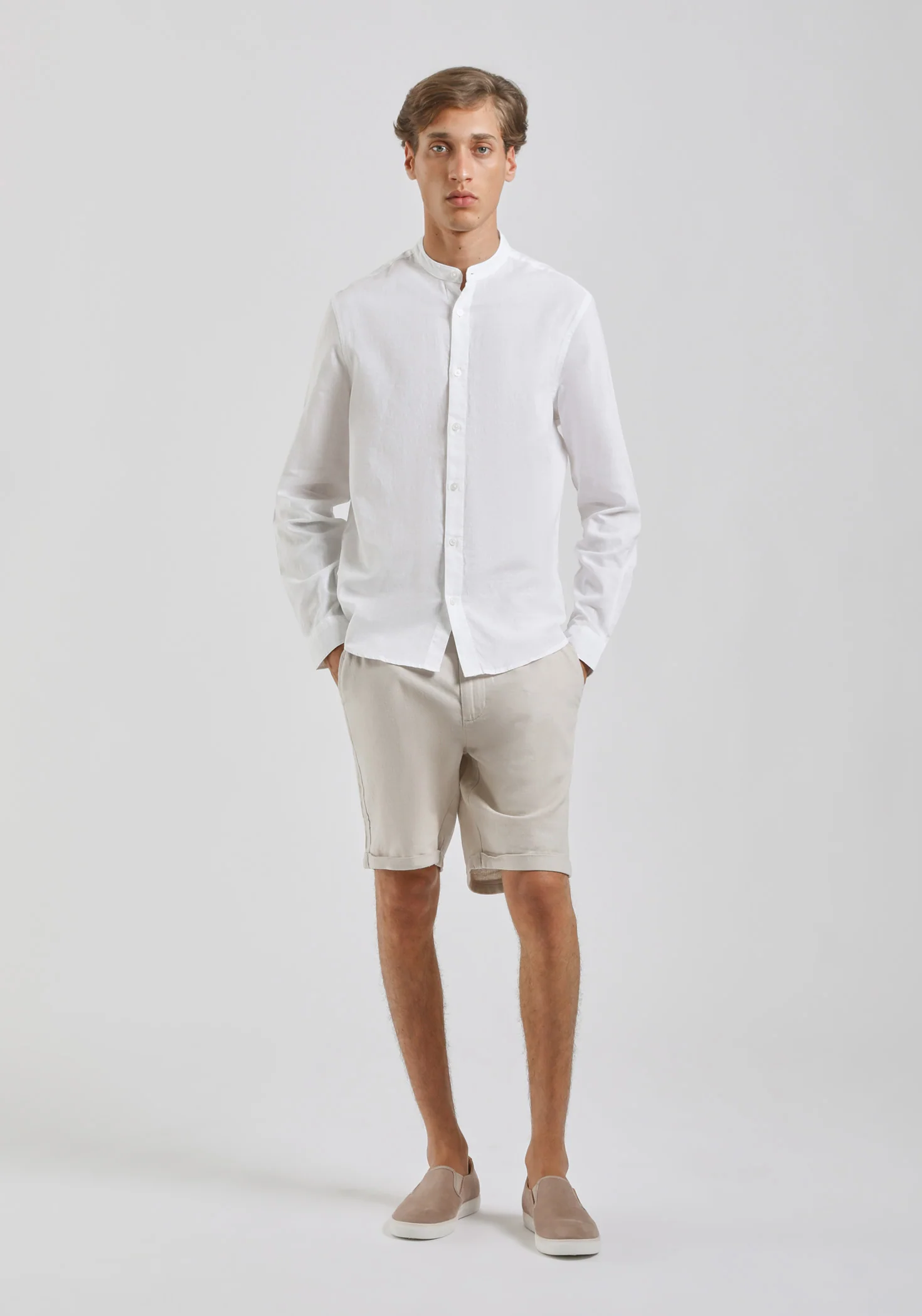 Camicia misto lino con collo coreano - Image 5