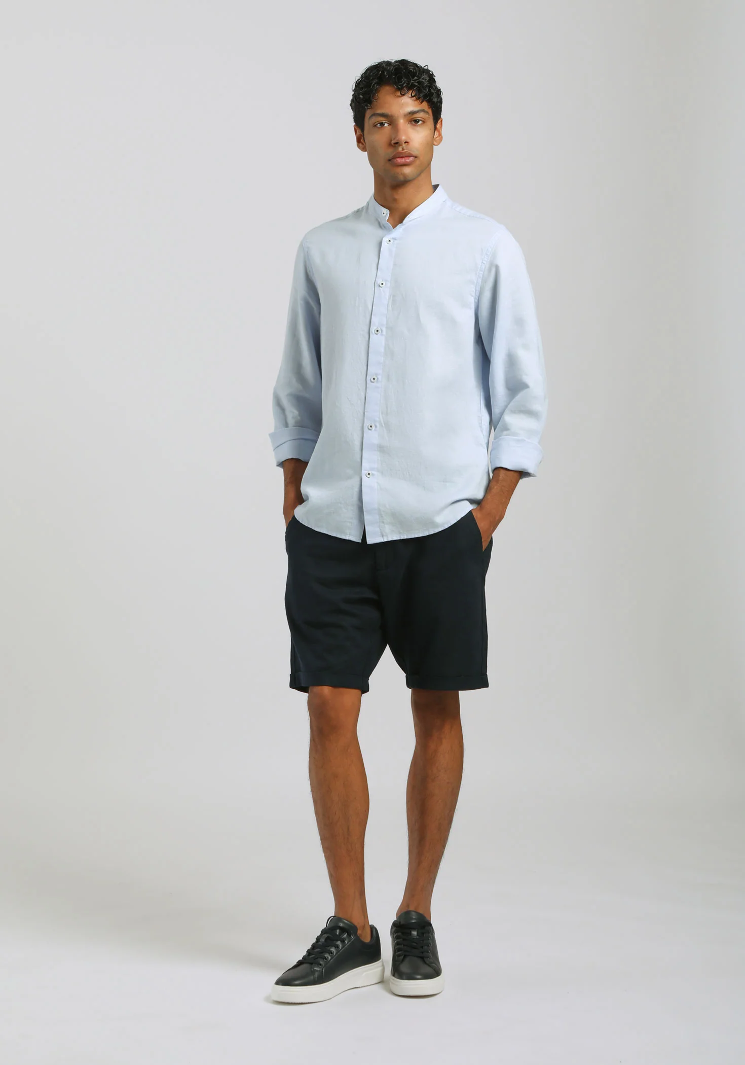 Camicia misto lino con collo coreano - Image 5