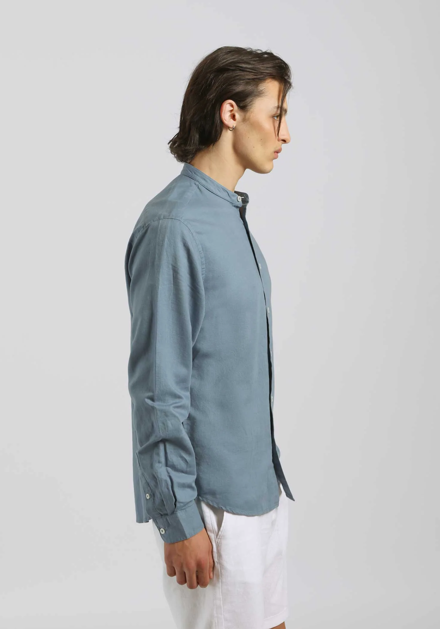 Camicia misto lino con collo coreano - Image 3