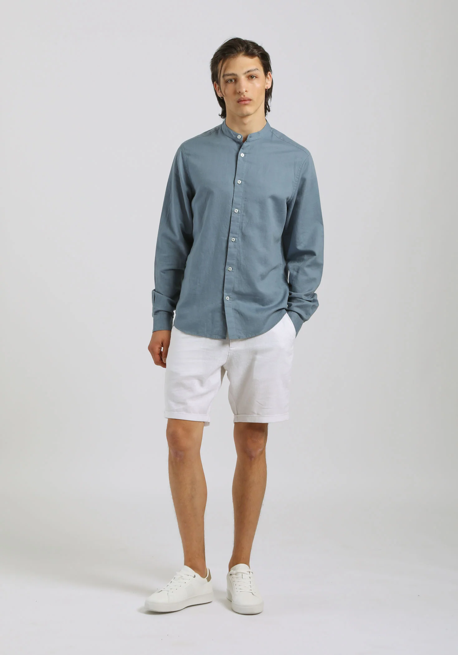 Camicia misto lino con collo coreano - Image 5