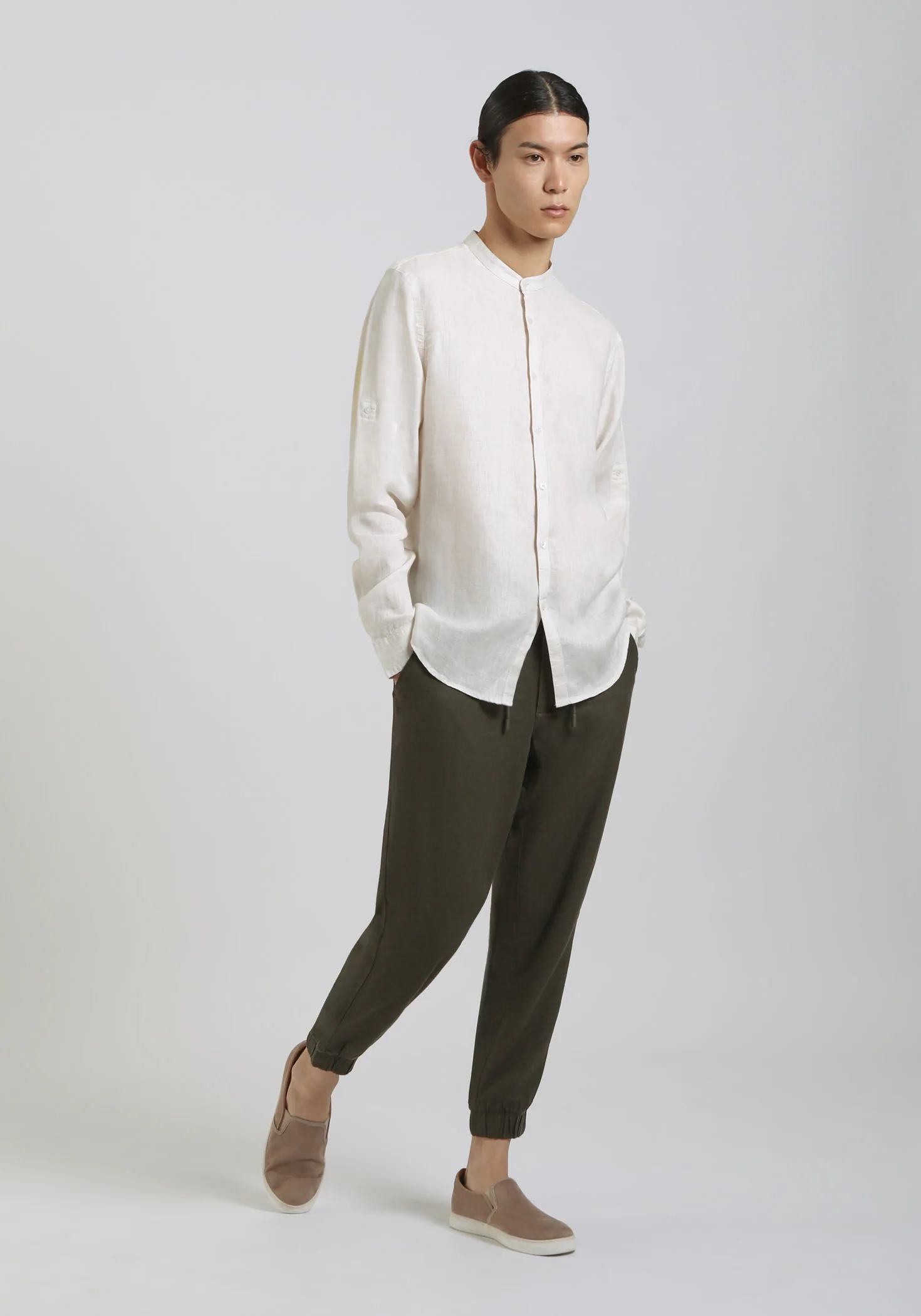 Pantaloni misto lino con elastici alle caviglie
